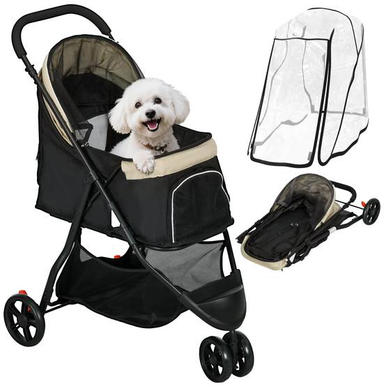 Poussette pour petit chien avec panier de rangement, protection pluie et fenêtre en filet, 80,5 x 51,5 x 100 cm, kaki - Image 1