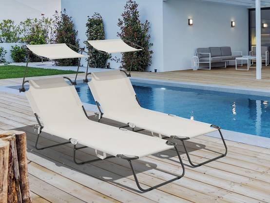 Lot De 2 Bain De Soleil Pliable "lazy" - Avec Pare Soleil - Beige -habitat Et Jardin - Image 2
