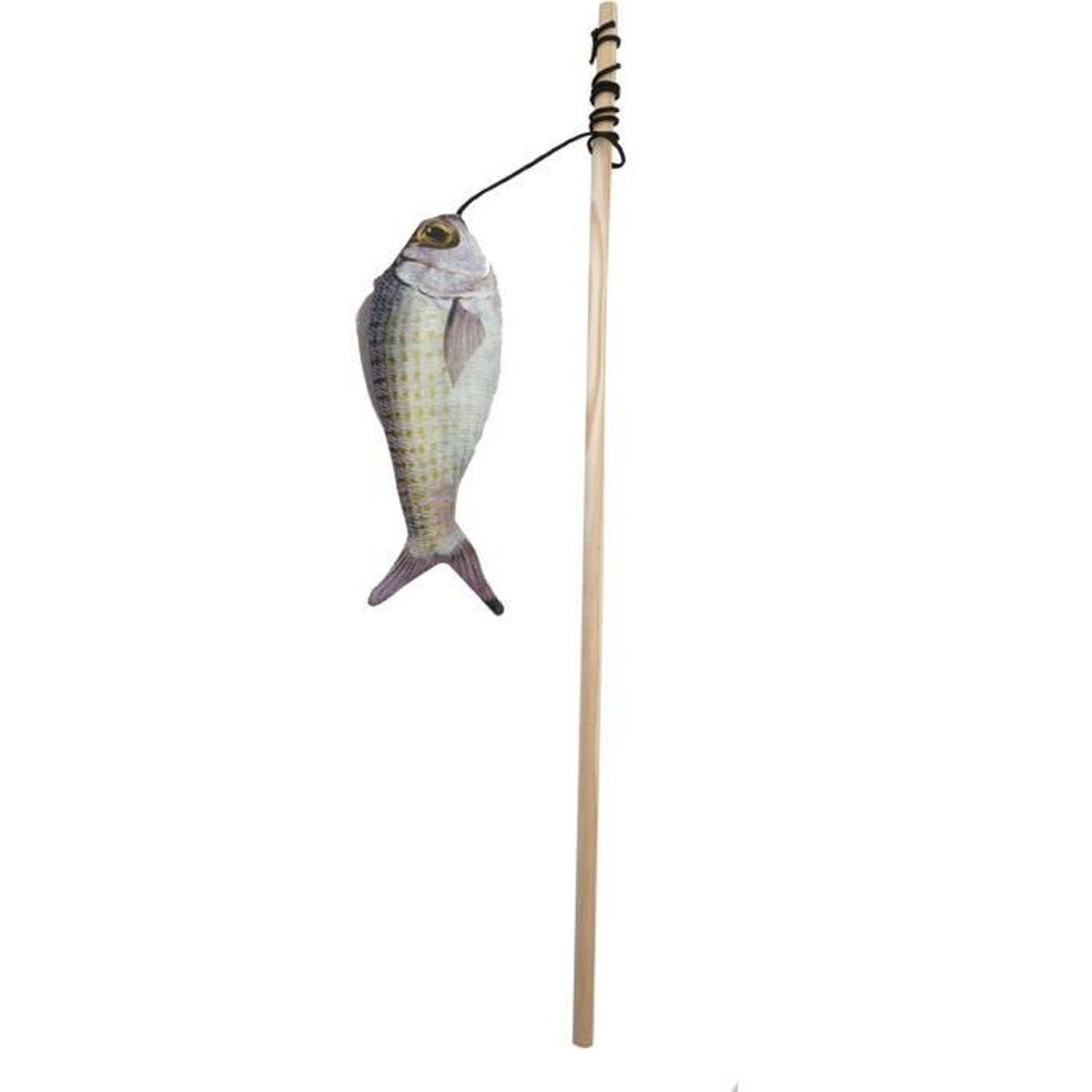 Canne à pêche pour chat avec poisson de 15 cm, bâton en bois et herbe à chat - AIME - Image 2