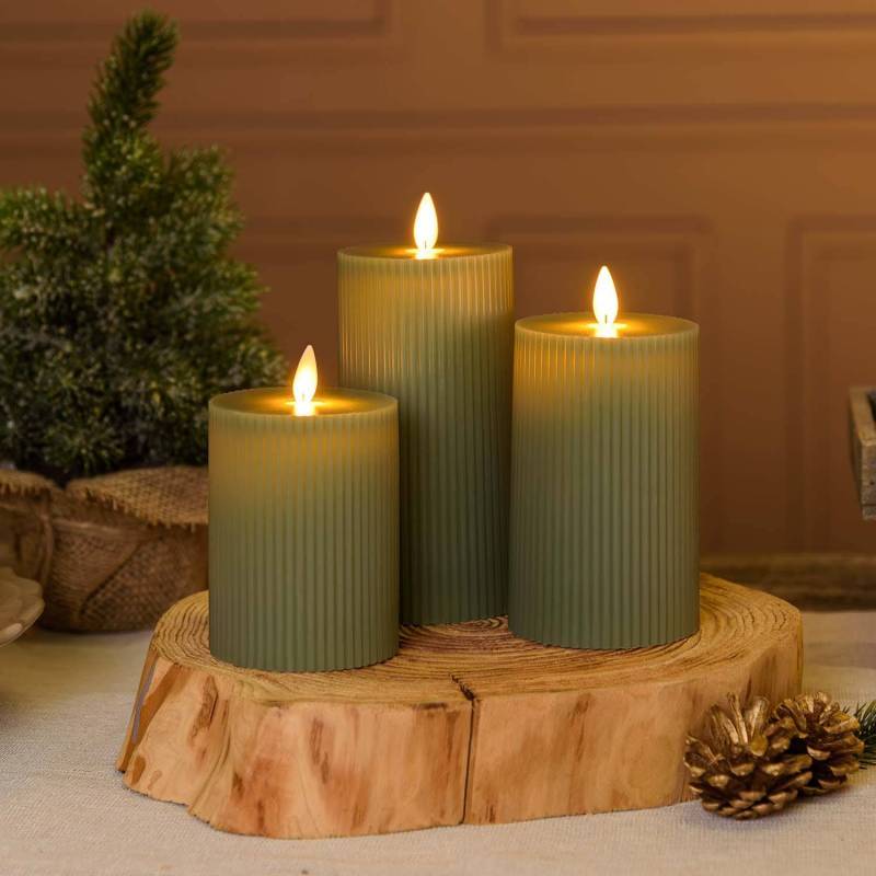Lotti - Lot de 3 Bougies striées à LED Cire verte Jade H10/12,5/15cm avec Télécommande Lotti - Imagen 5