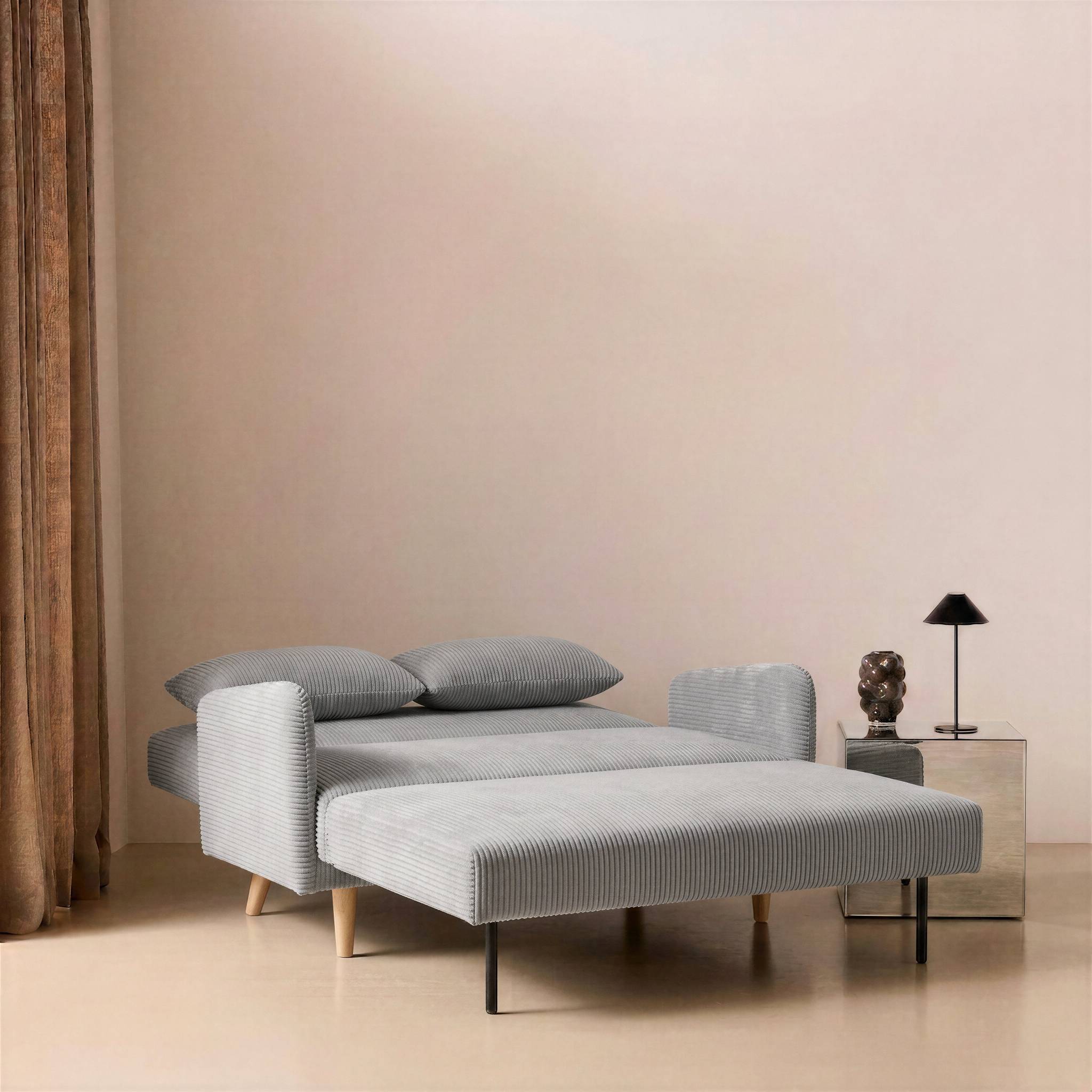 sweeek - Canapé convertible en velours côtelé - Panam - 2 places scandinave. pieds bois. gris clair. banquette. dossier inclinable | sweeek - Image 4