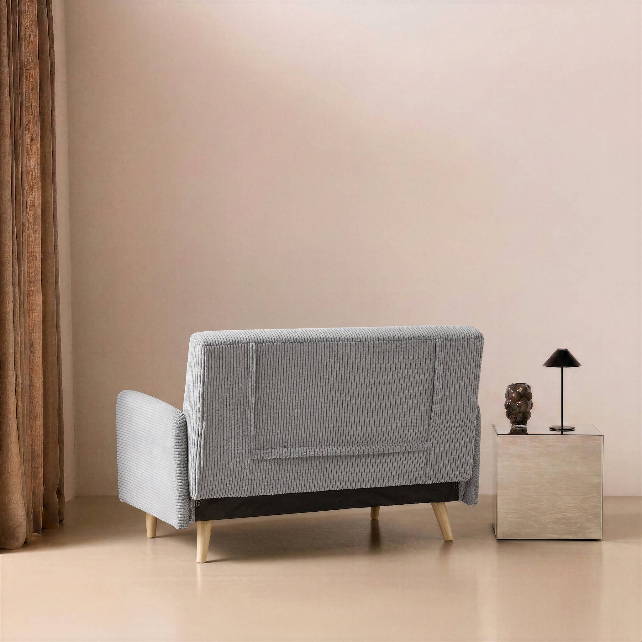 sweeek - Canapé convertible en velours côtelé - Panam - 2 places scandinave. pieds bois. gris clair. banquette. dossier inclinable | sweeek - Image 6