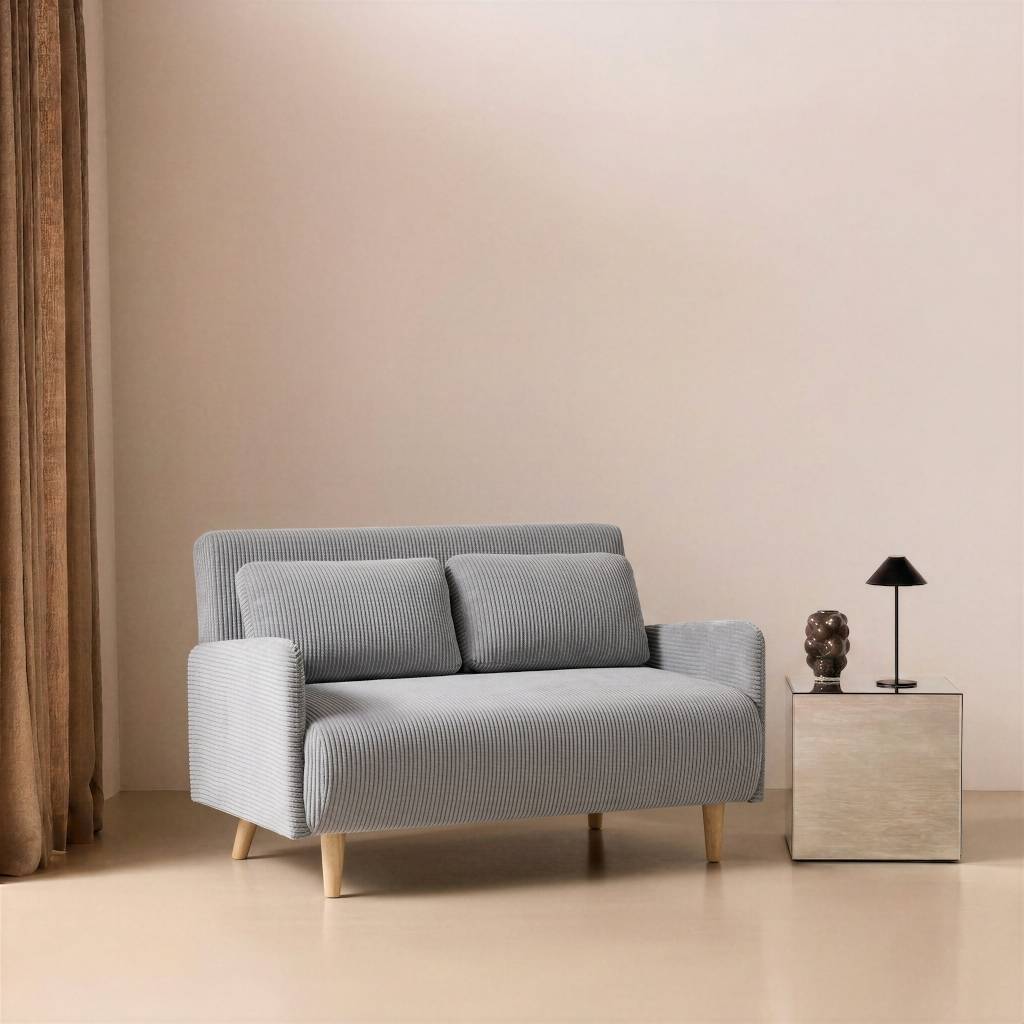 sweeek - Canapé convertible en velours côtelé - Panam - 2 places scandinave. pieds bois. gris clair. banquette. dossier inclinable | sweeek - Image 1