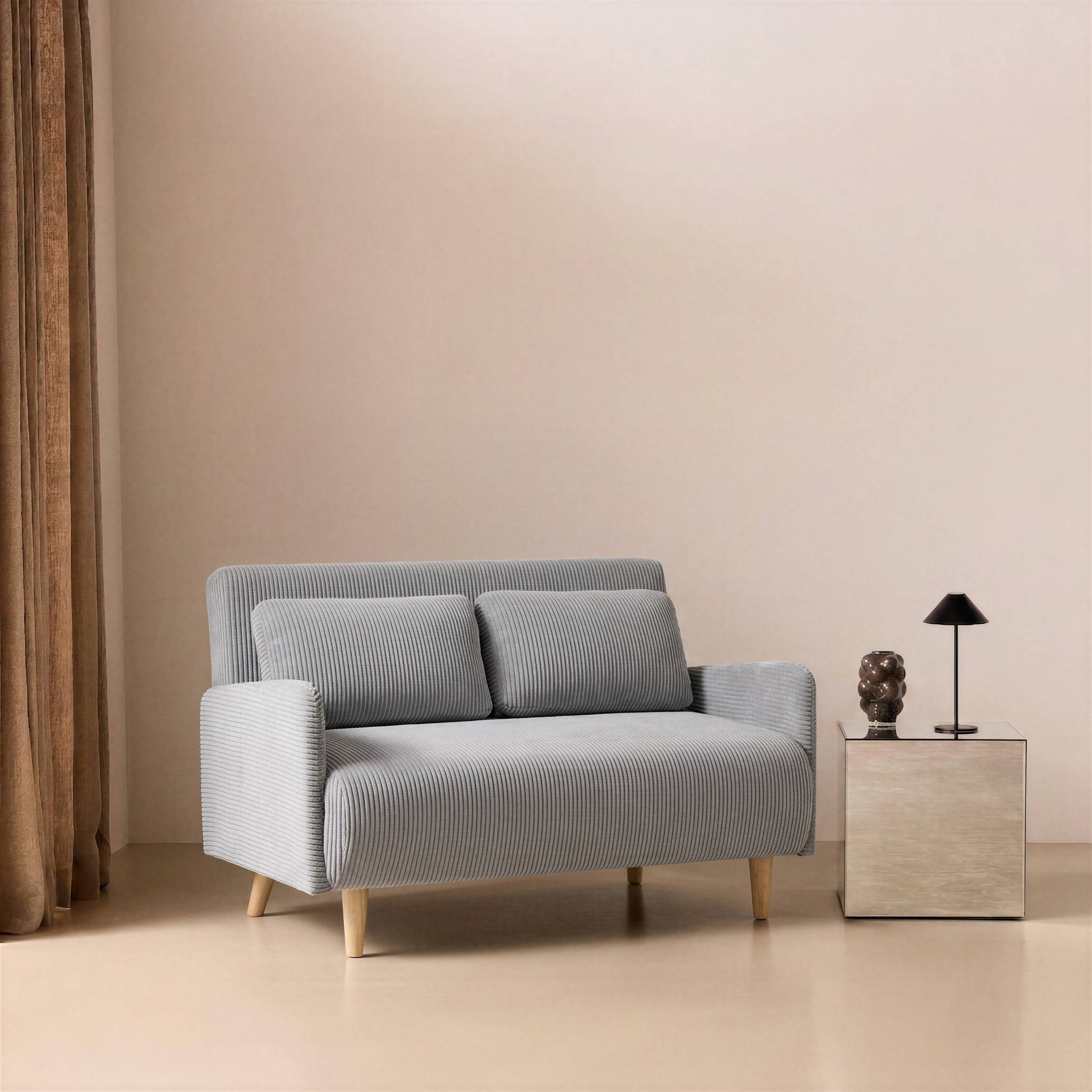 sweeek - Canapé convertible en velours côtelé - Panam - 2 places scandinave. pieds bois. gris clair. banquette. dossier inclinable | sweeek - Image 3