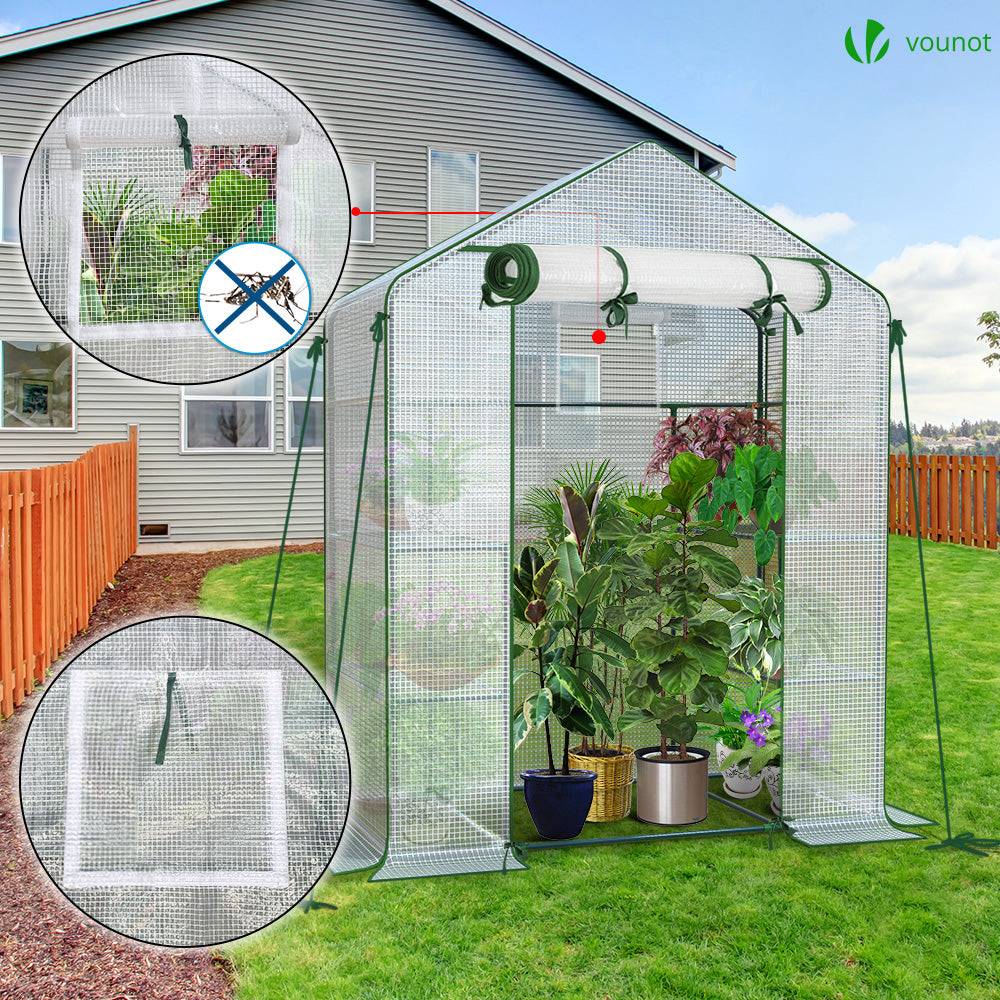 Serre de jardin avec étagères 143x73x195cm blanc - Bâche PE renforcée 135g/m² - Fenêtre moustiquaire, porte enroulable zippée - Image 2