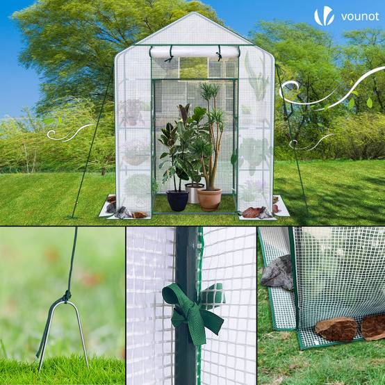 Serre de jardin avec étagères 143x73x195cm blanc - Bâche PE renforcée 135g/m² - Fenêtre moustiquaire, porte enroulable zippée - Image 7