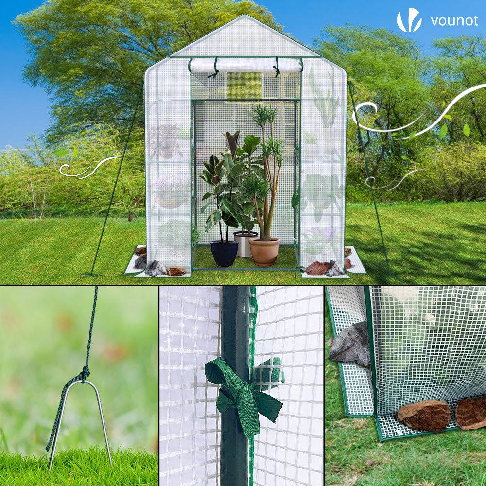 Serre de jardin avec étagères 143x73x195cm blanc - Bâche PE renforcée 135g/m² - Fenêtre moustiquaire, porte enroulable zippée - Image 7