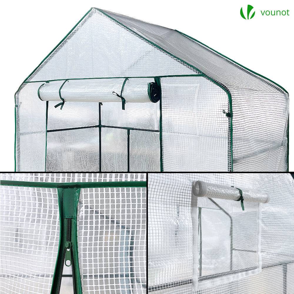 Serre de jardin avec étagères 143x73x195cm blanc - Bâche PE renforcée 135g/m² - Fenêtre moustiquaire, porte enroulable zippée - Image 5