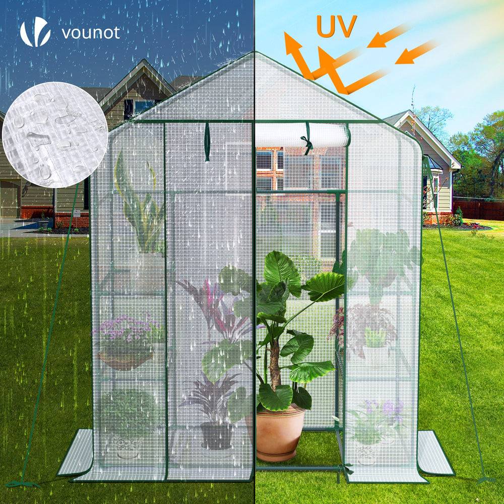 Serre de jardin avec étagères 143x73x195cm blanc - Bâche PE renforcée 135g/m² - Fenêtre moustiquaire, porte enroulable zippée - Image 4