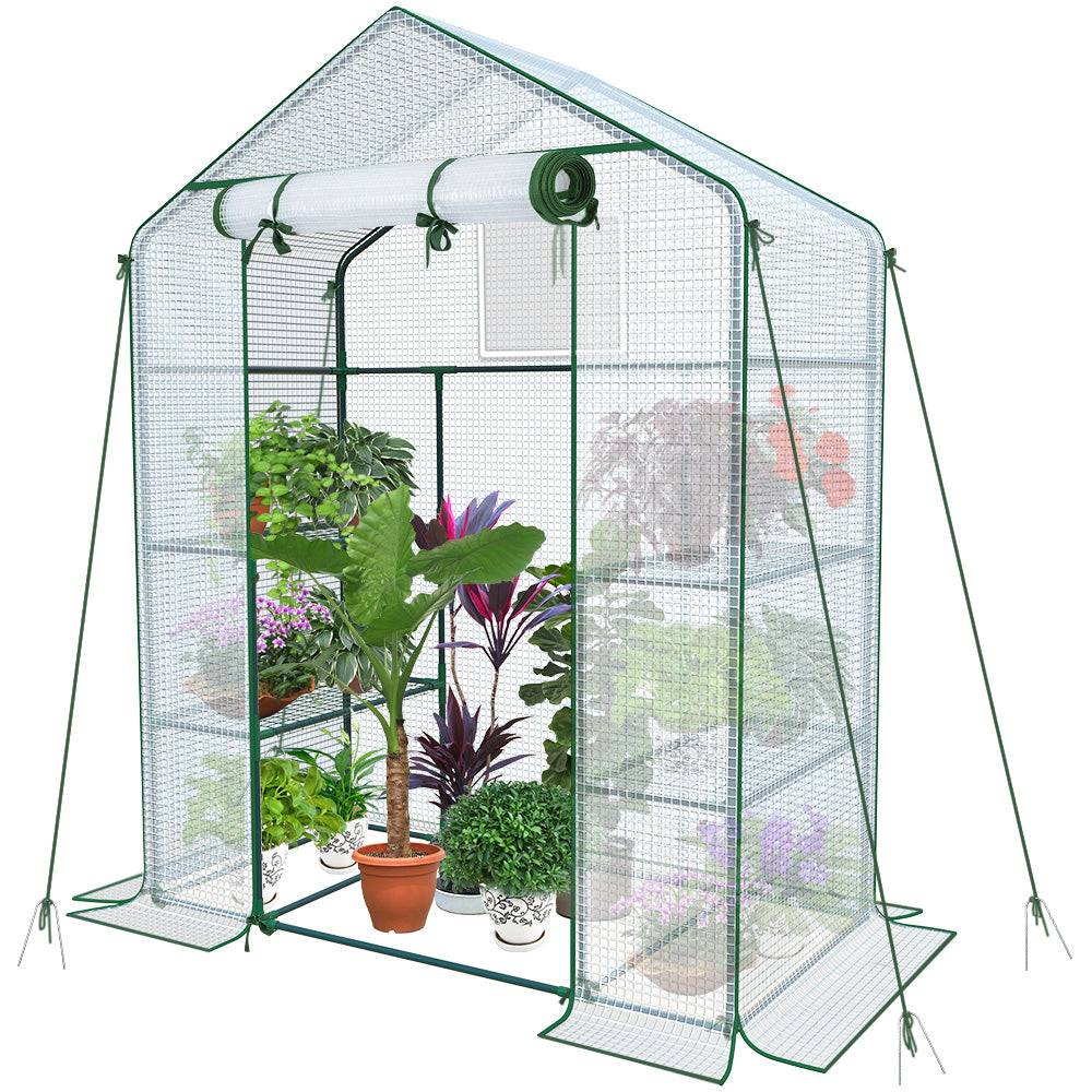 Serre de jardin avec étagères 143x73x195cm blanc - Bâche PE renforcée 135g/m² - Fenêtre moustiquaire, porte enroulable zippée - Image 1