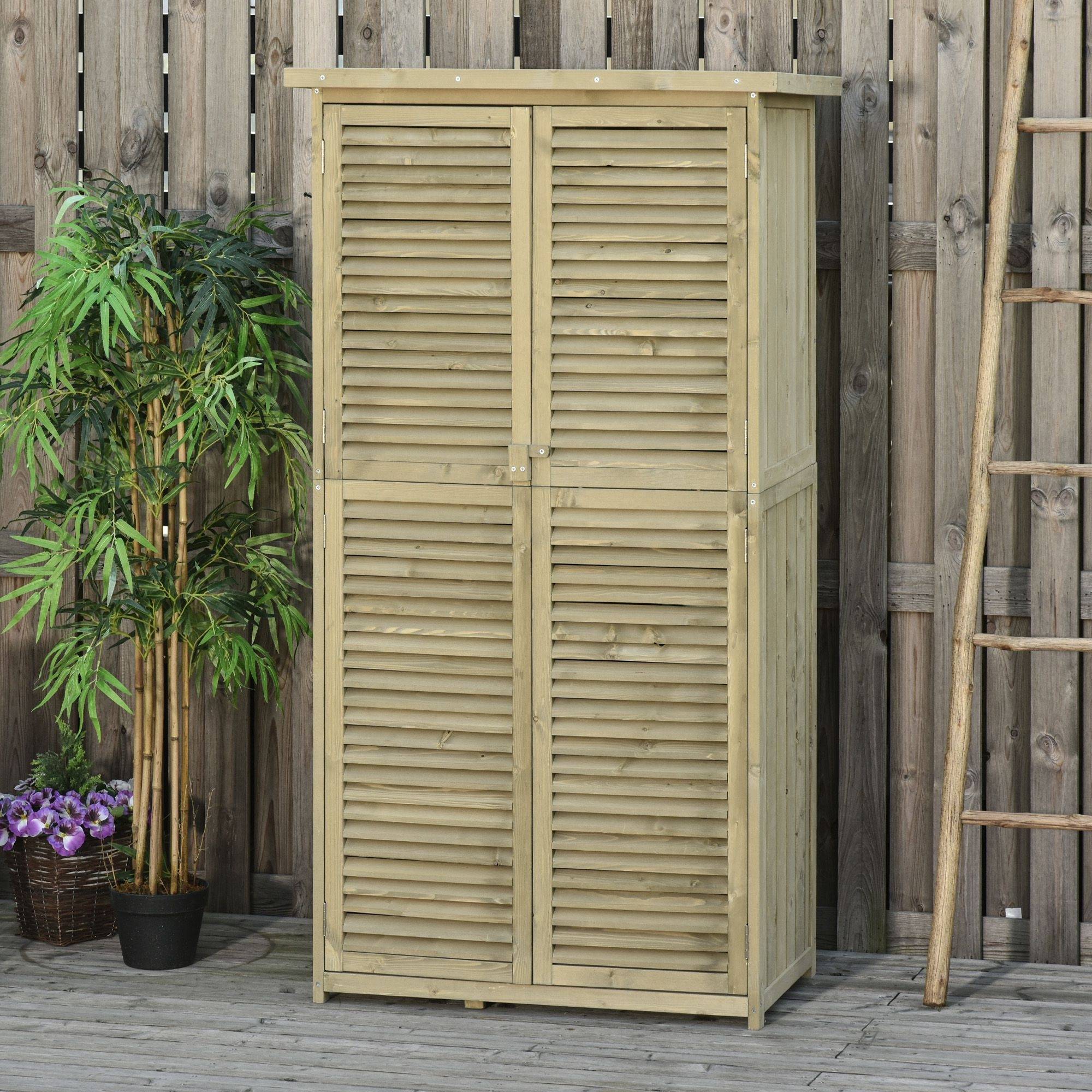 Armoire jardin bois, toit asphalte, porte à lamelles, 4 compartiments, gris, 87x46,5x160 cm - Image 3
