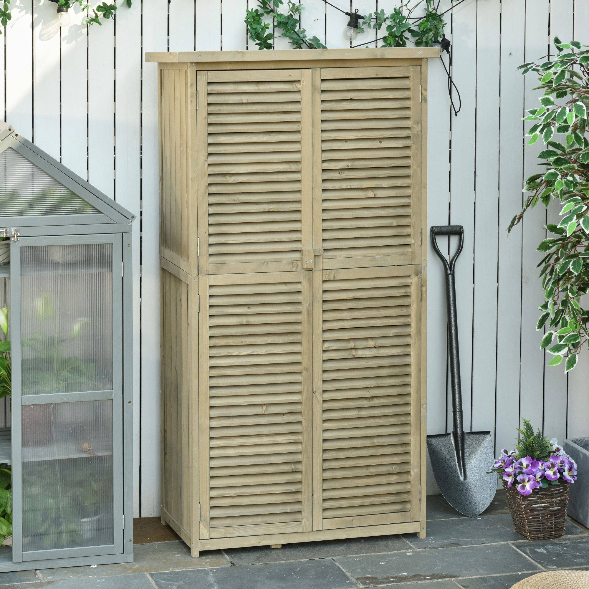 Armoire jardin bois, toit asphalte, porte à lamelles, 4 compartiments, gris, 87x46,5x160 cm - Image 4