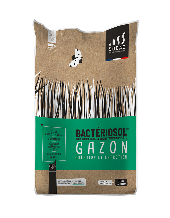 0 - Bactériosol Gazon, Engrais Organique 100% Naturel, Création et Entretien Pelouse BIO, Enrichi en Micro-organismes, Amendement rapide 8 kg - SOBAC - Image 1