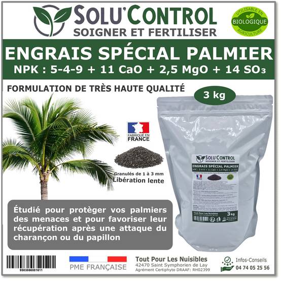 SOLU’CONTROL - Engrais Spécial Palmier 3 kg - Formulation haute qualité Organo-Minerale - Idéal après attaque charançon rouge, papillon du palmier - Image 1