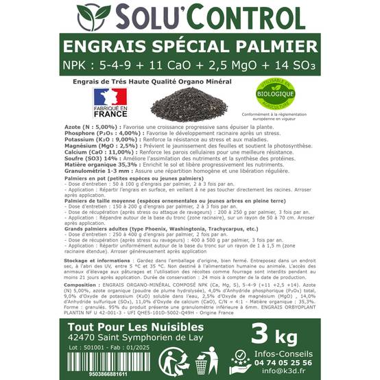 SOLU’CONTROL - Engrais Spécial Palmier 3 kg - Formulation haute qualité Organo-Minerale - Idéal après attaque charançon rouge, papillon du palmier - Image 4