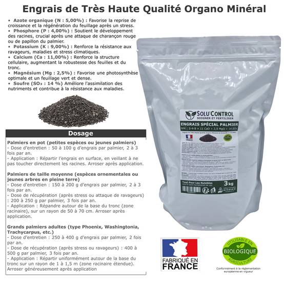 SOLU’CONTROL - Engrais Spécial Palmier 3 kg - Formulation haute qualité Organo-Minerale - Idéal après attaque charançon rouge, papillon du palmier - Image 2