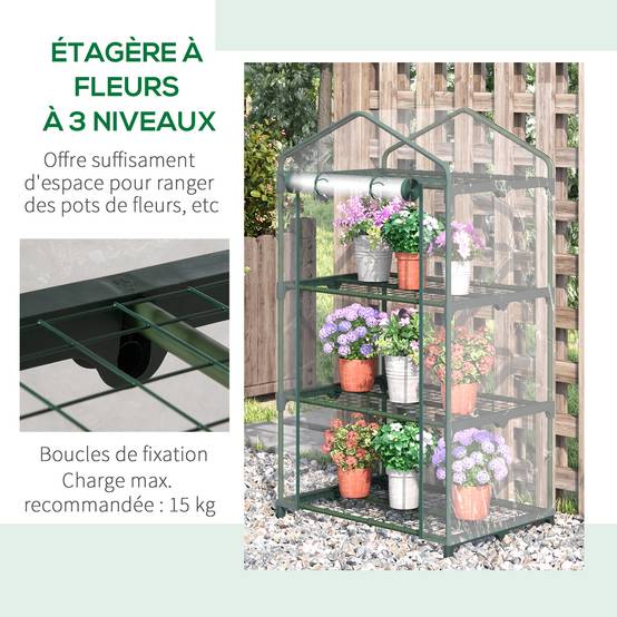 Serre de Jardin 69 x 49 x 125 cm avec Étagères 3 Niveaux, Bâche PVC Renforcée, Structure en Acier, Porte Zippée Enroulable, Transparente - Image 8
