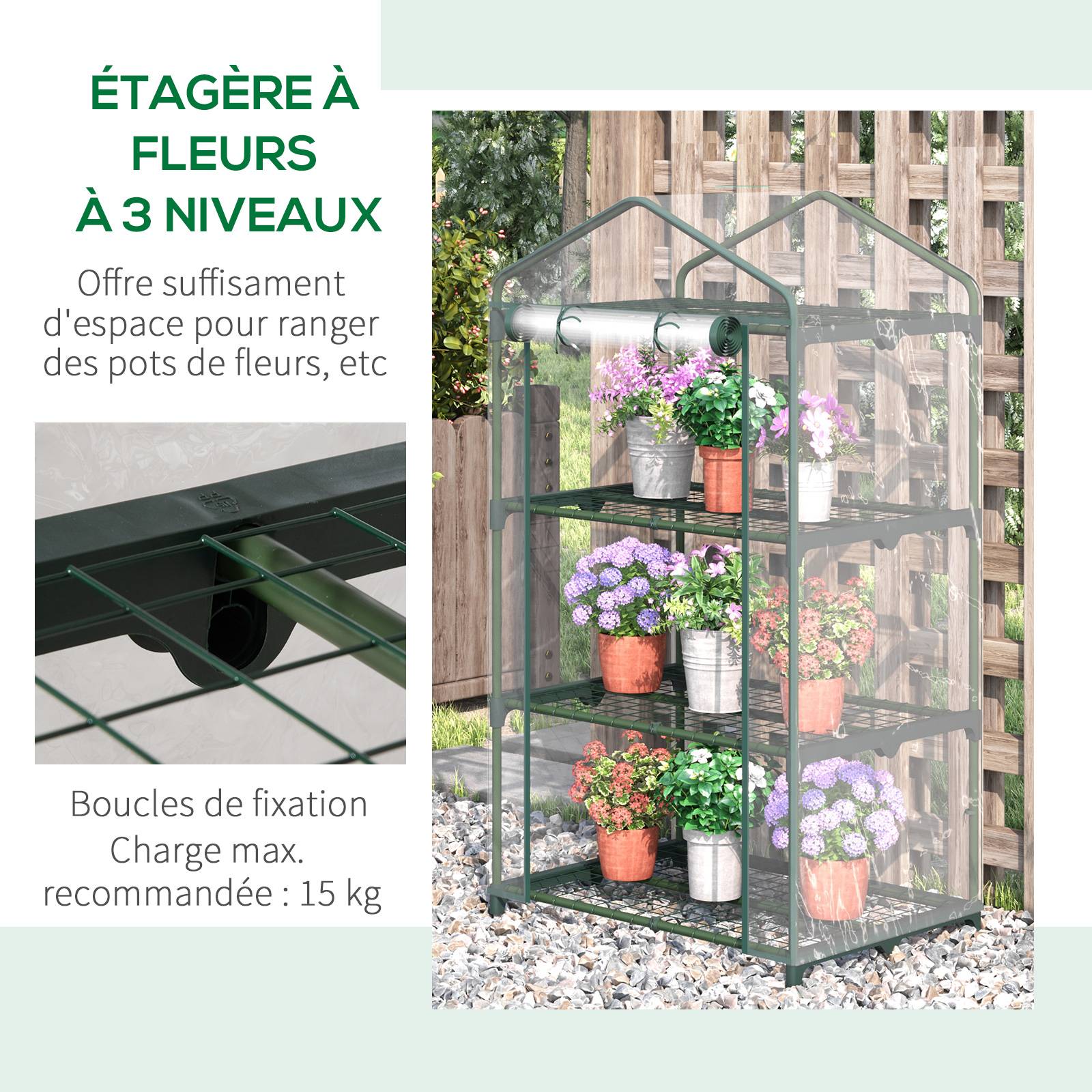 Serre de Jardin 69 x 49 x 125 cm avec Étagères 3 Niveaux, Bâche PVC Renforcée, Structure en Acier, Porte Zippée Enroulable, Transparente - Image 8