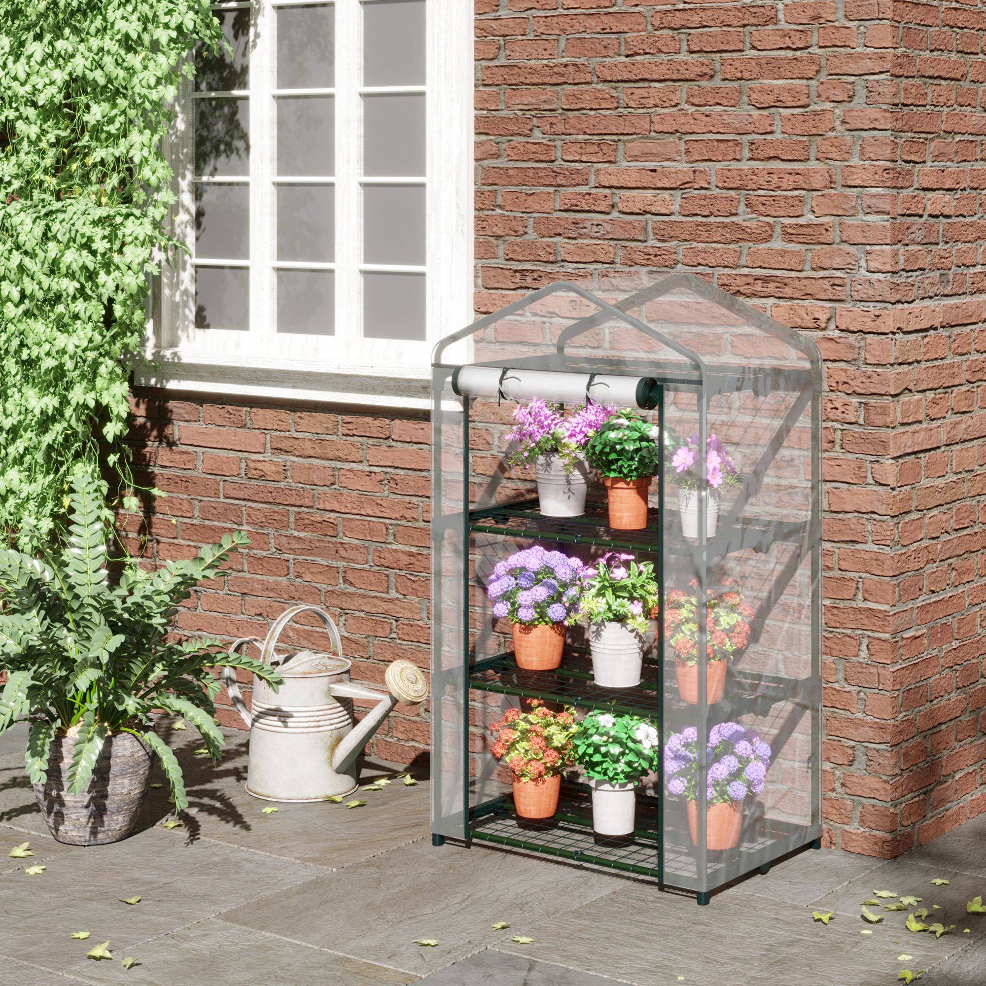 Serre de Jardin 69 x 49 x 125 cm avec Étagères 3 Niveaux, Bâche PVC Renforcée, Structure en Acier, Porte Zippée Enroulable, Transparente - Image 4