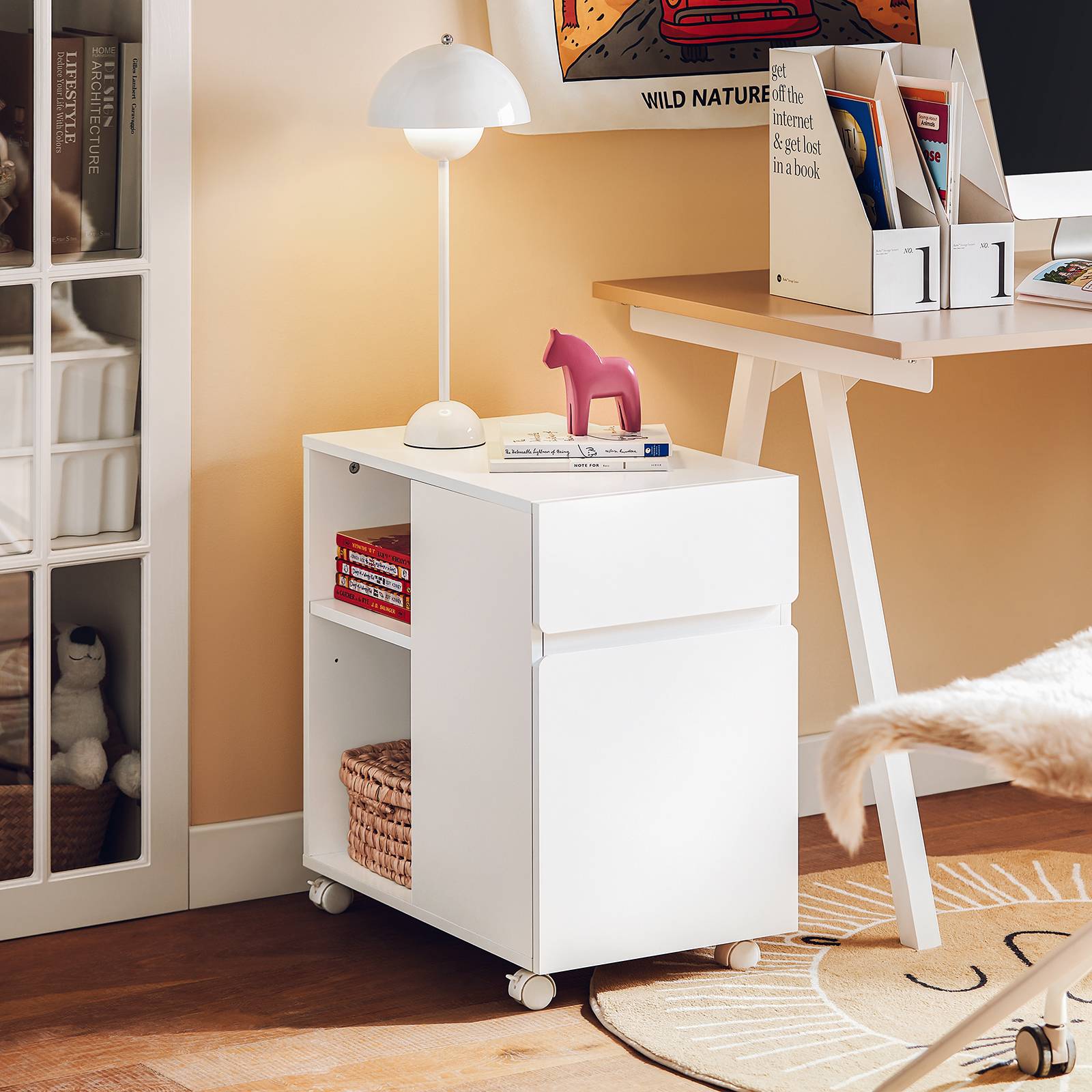 SoBuy Caisson de Bureau Mobile à Tiroirs, Support d'Imprimante Roulant, Organisateur de Rangement - Blanc, 58x35x59 cm, ASK05-W - Image 2
