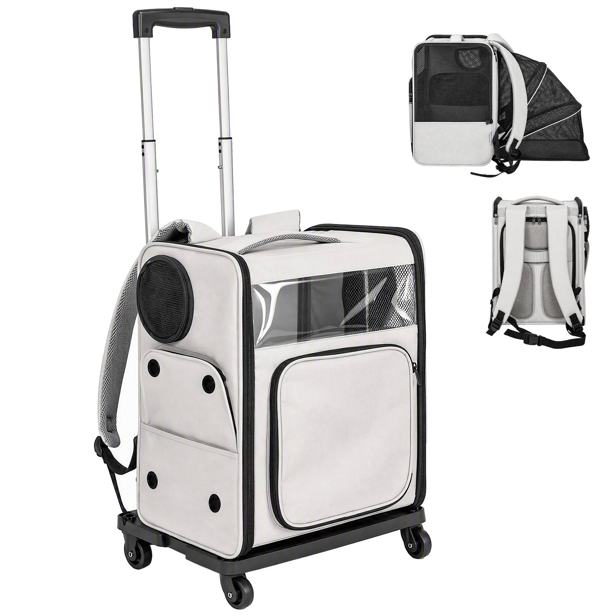 Sac transport animal roulettes pliable chien chat 5 kg, trolley respirant, gris - Image 2