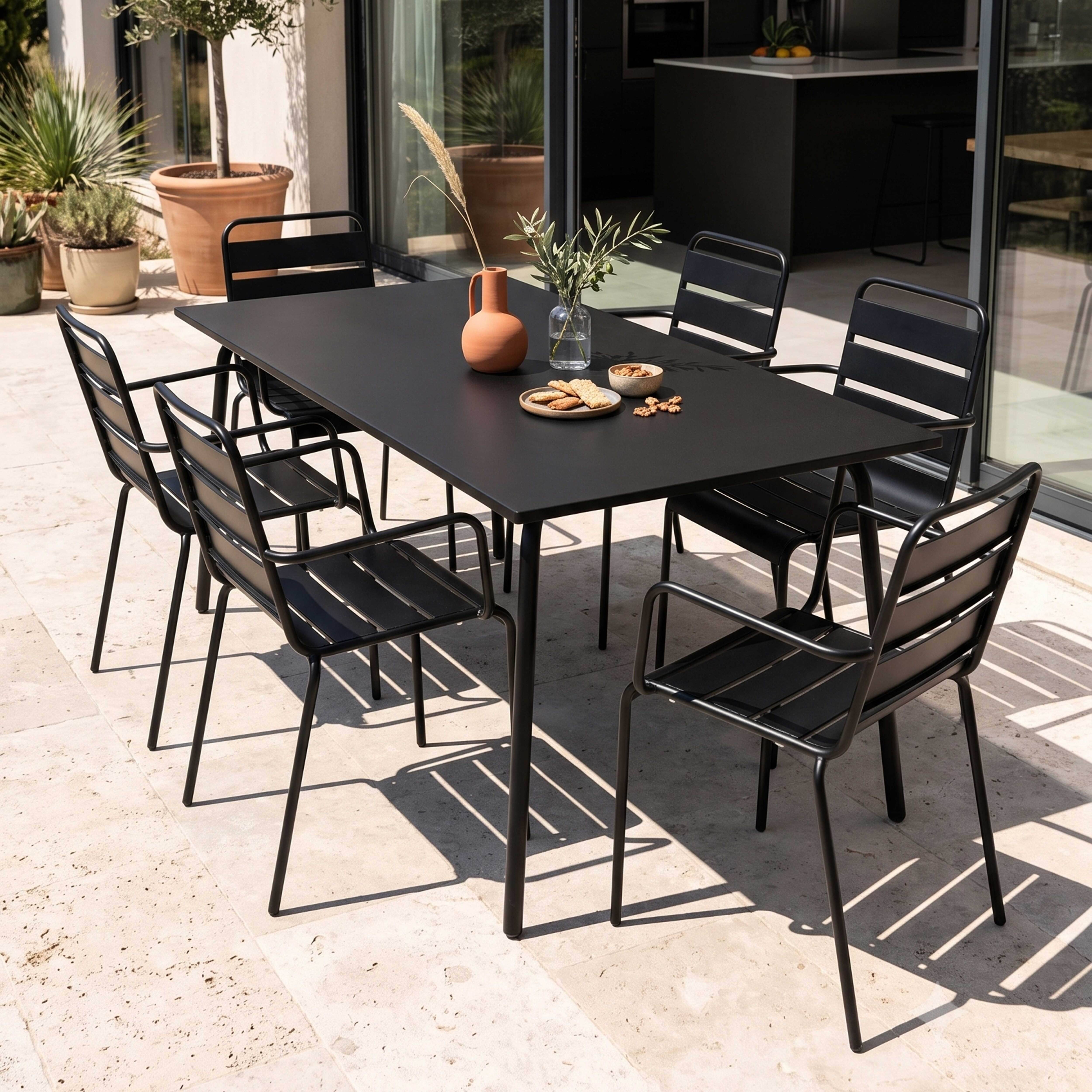 Oviala - Ensemble table de jardin et 6 fauteuils en métal noir Palavas - Oviala - Image 2
