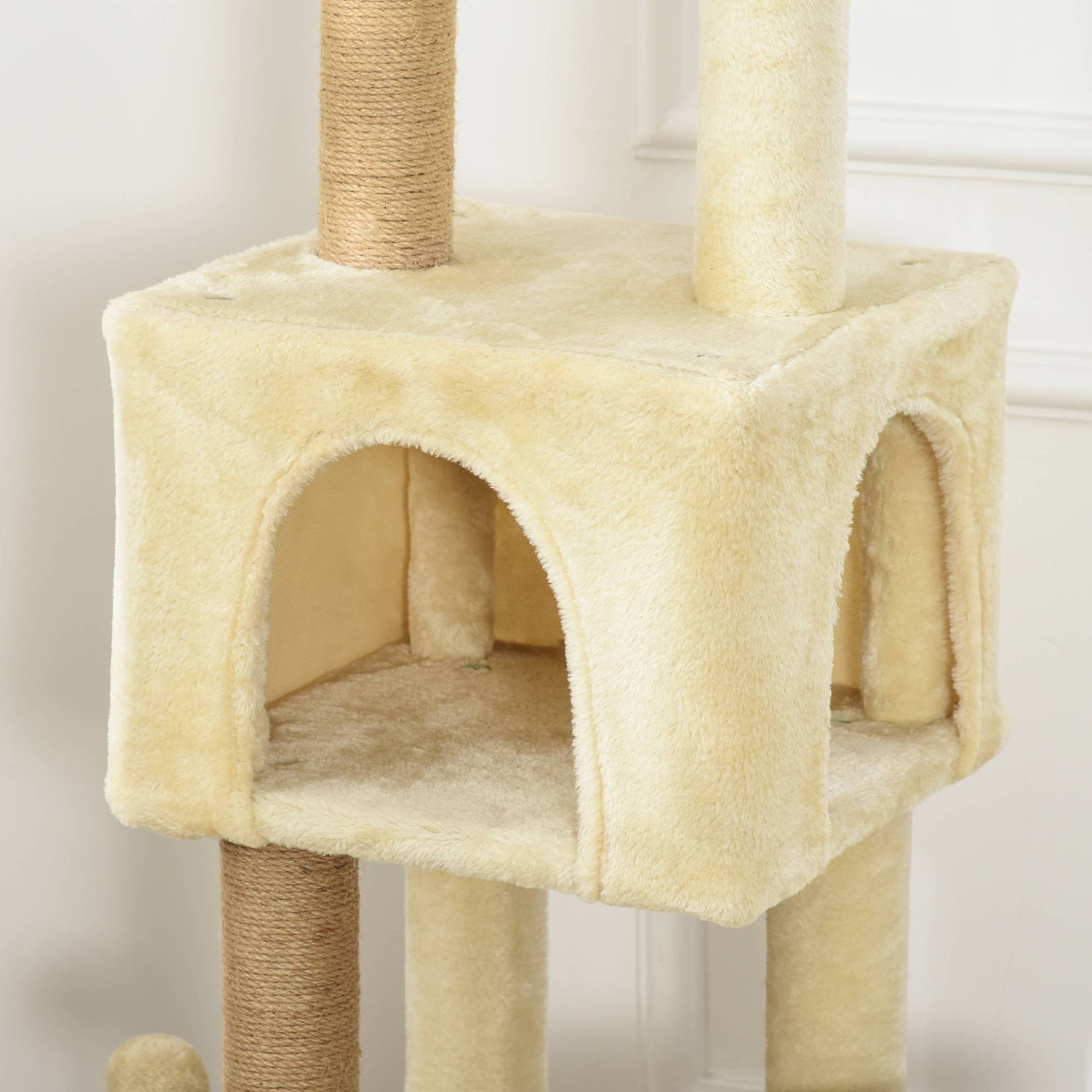 Arbre à chat géant 60x34x136 cm avec plateformes, niches en peluche et poteaux en jute beige - Image 10