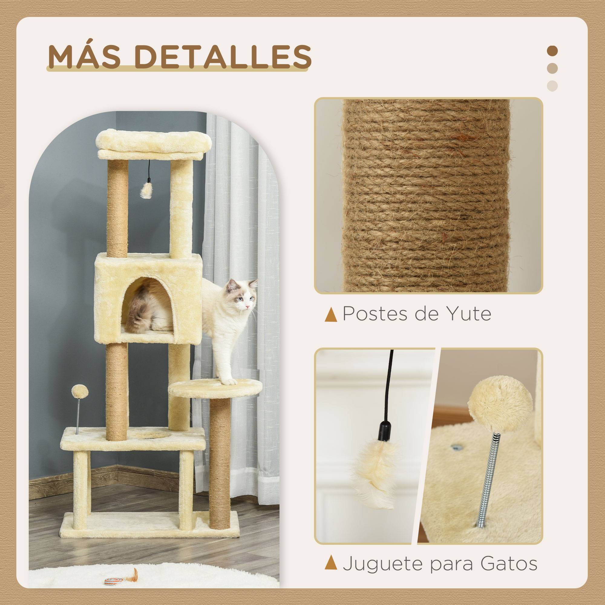 Arbre à chat géant 60x34x136 cm avec plateformes, niches en peluche et poteaux en jute beige - Image 7