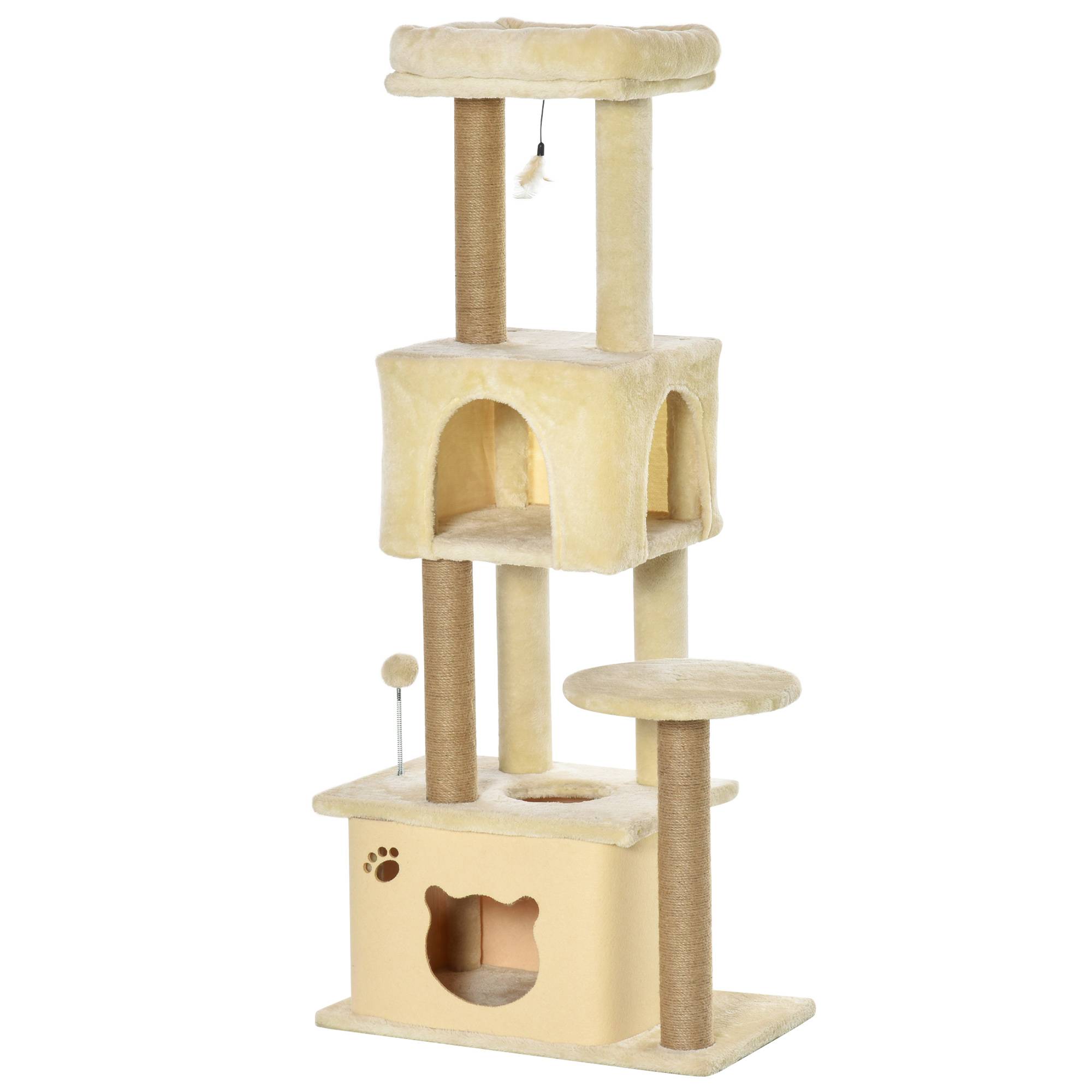 Arbre à chat géant 60x34x136 cm avec plateformes, niches en peluche et poteaux en jute beige - Image 2