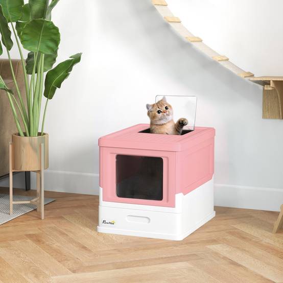 Grande maison toilette chat fermée plastique PP double accès tiroir pliable 47cm rose - ComfortXL Outdoor Living - Image 4