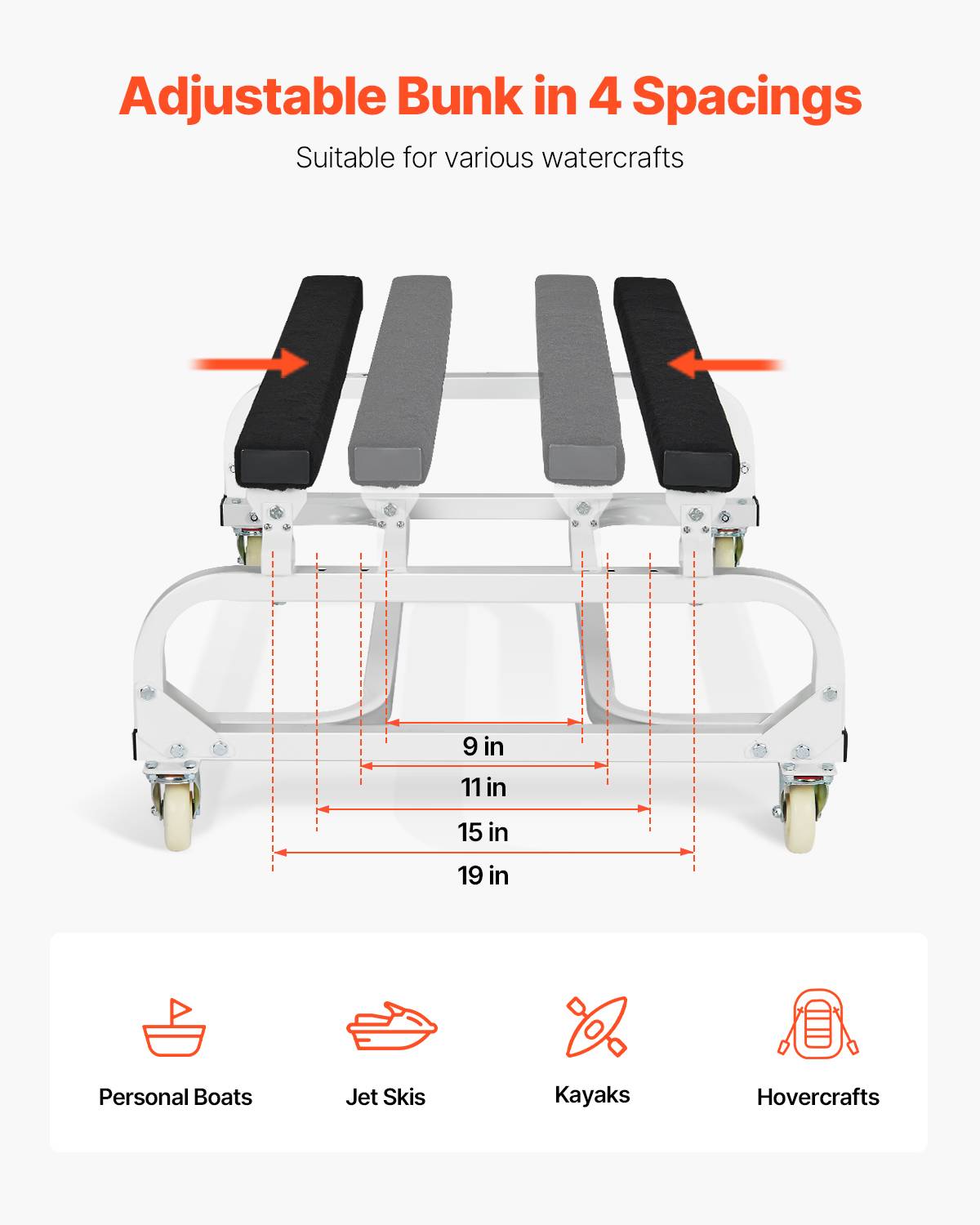 VEVOR Chariot jet ski, charge 454 kg, couchettes réglables, 4 roulettes. Pour kayaks, aéroglisseurs. - Image 4
