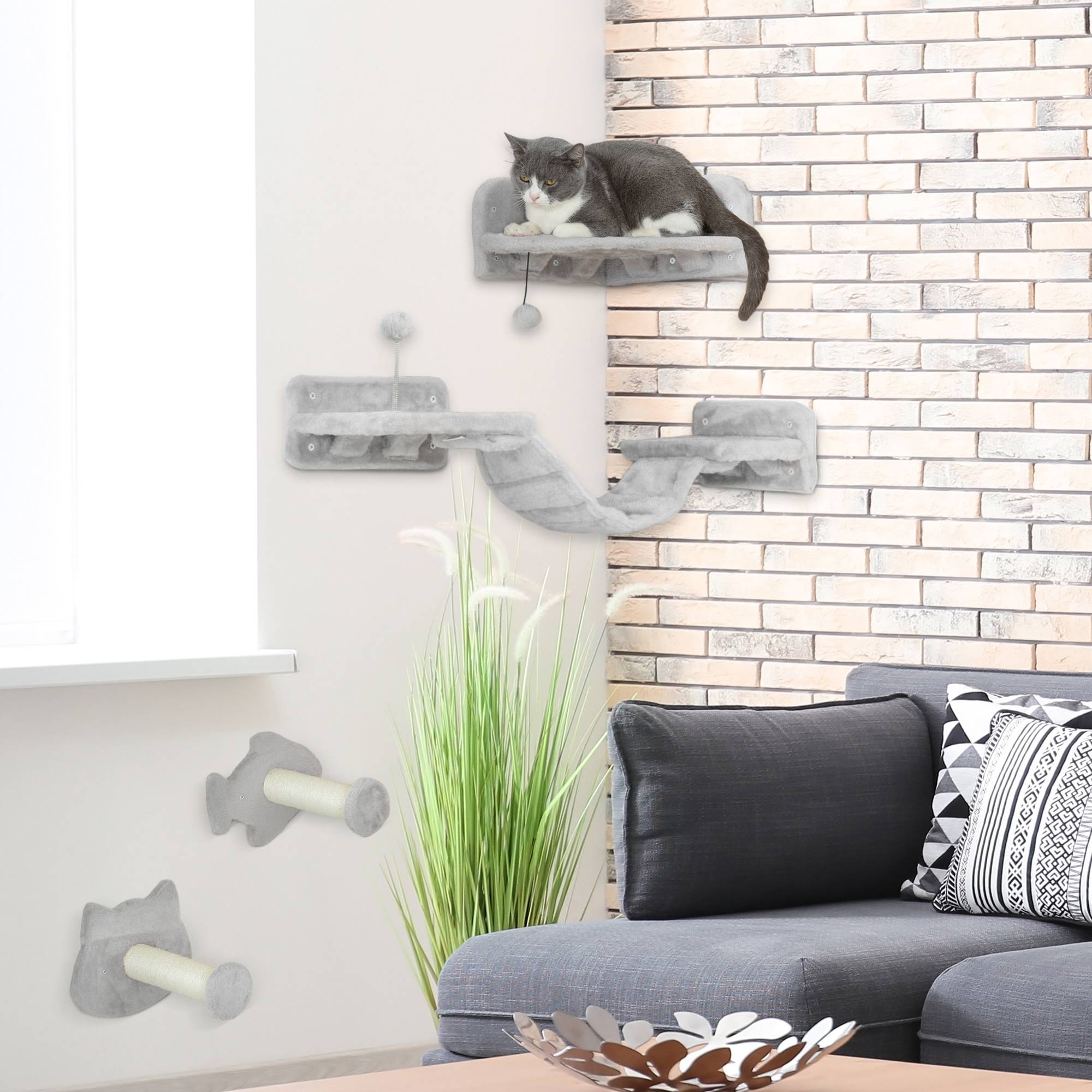 Set Étagères Murales pour Chat Design Ludique avec Griffoir Sisal et Plateformes Gris Clair - ComfortXL Outdoor Living - Image 3