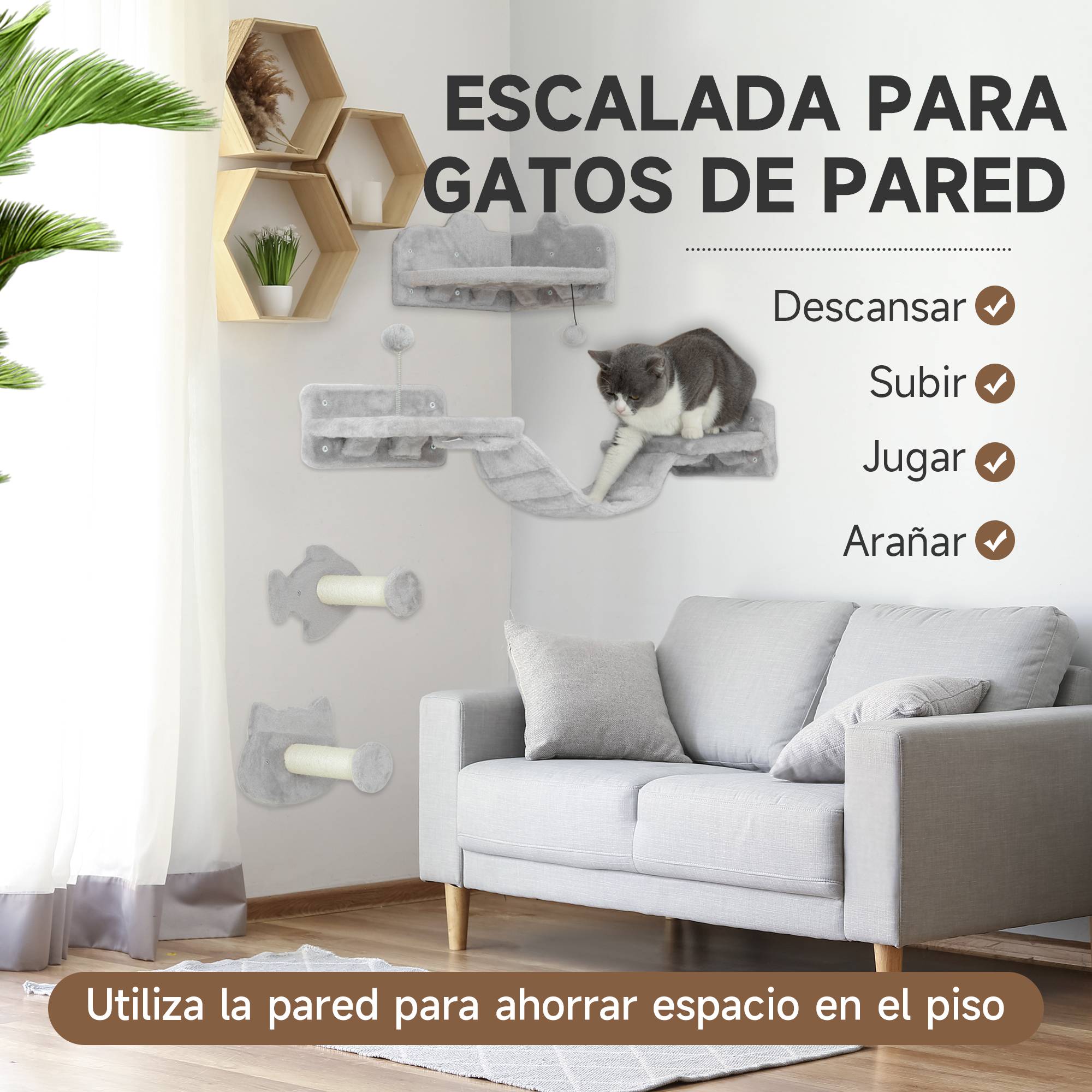 Set Étagères Murales pour Chat Design Ludique avec Griffoir Sisal et Plateformes Gris Clair - ComfortXL Outdoor Living - Image 6