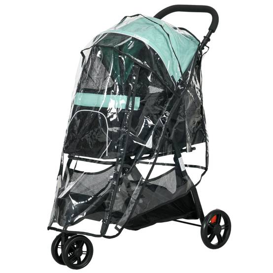 Poussette pour animaux domestiques, pliable, avec protection contre la pluie, 2 porte-gobelets, disponible en bleu et vert - Image 1