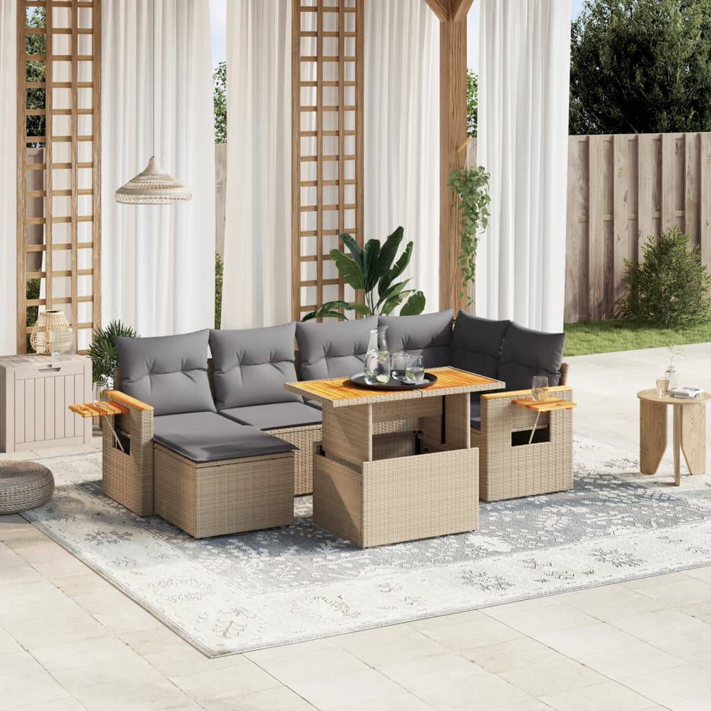 Salon de jardin 7 places Beige Résine Tressée Table Réglable et Tablette Côté – ComfortXL Outdoor Living - Image 1