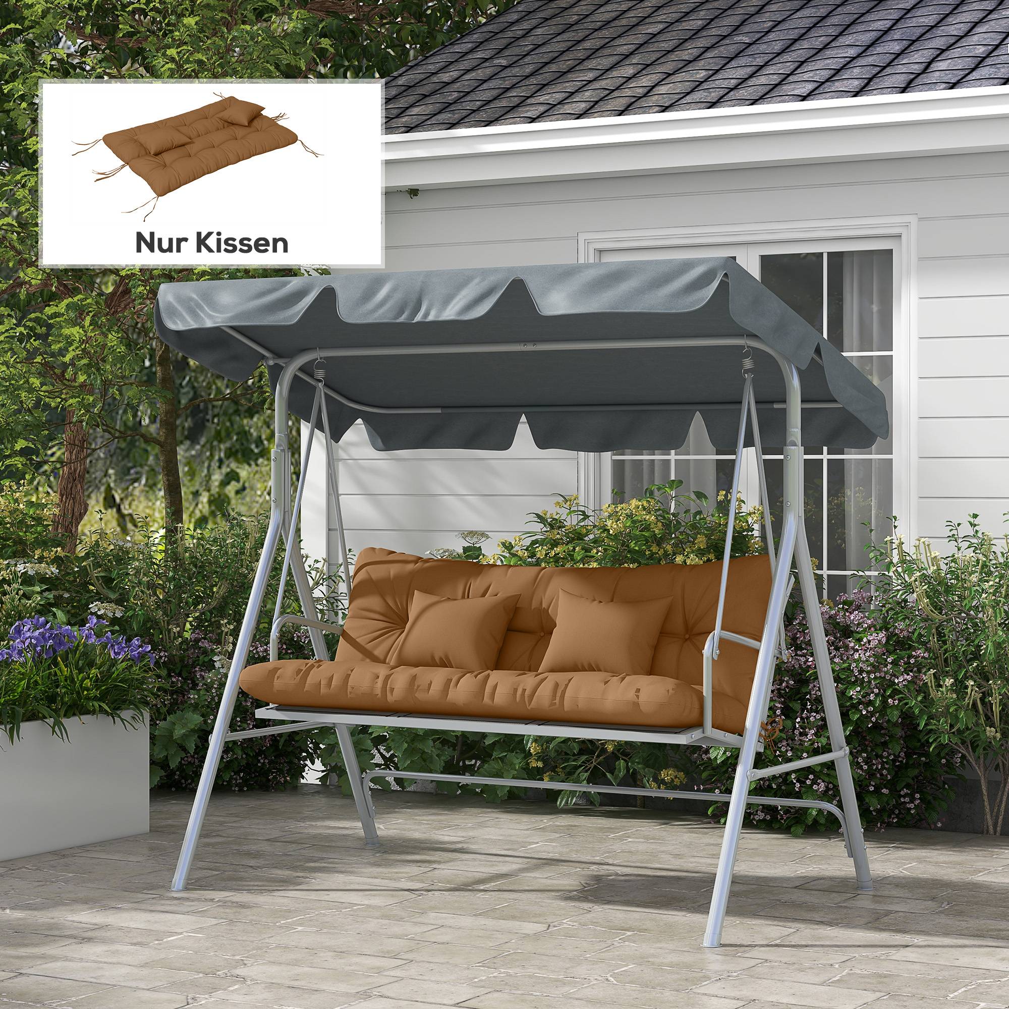 ComfortXL - Coussin de banc polyester 150 x 50 cm brun pour jardin rembourré déperlant avec attaches et coussins assortis