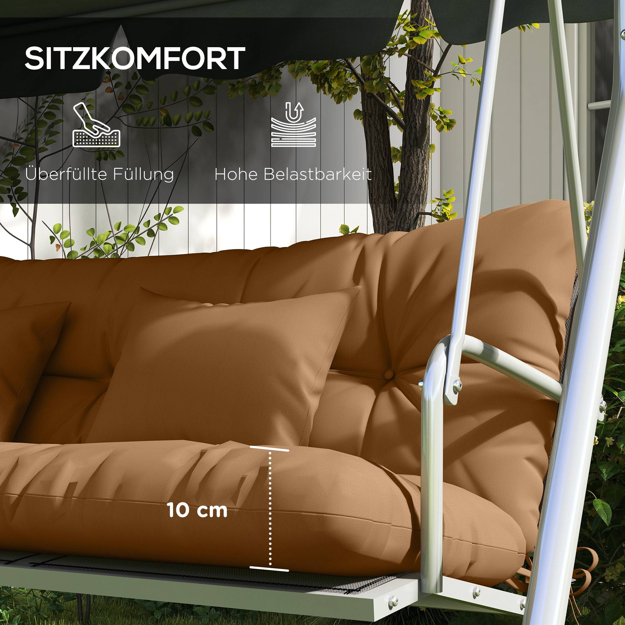 ComfortXL - Coussin de banc polyester 150 x 50 cm brun pour jardin rembourré déperlant avec attaches et coussins assortis - Image 6