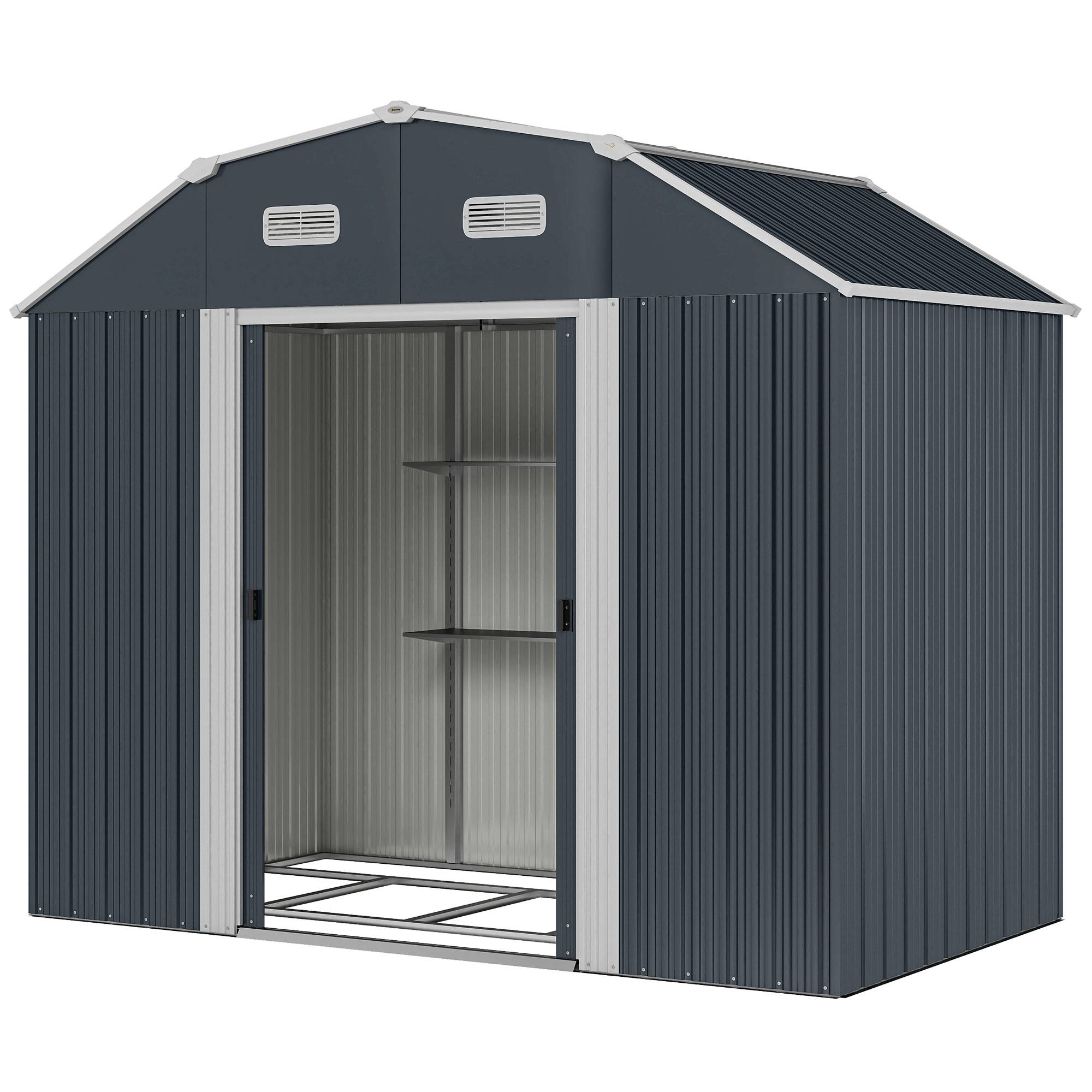 Abri jardin outillage résistant intempéries 2 fenêtres 2 portes 238x132x198,5cm gris foncé - Image 2