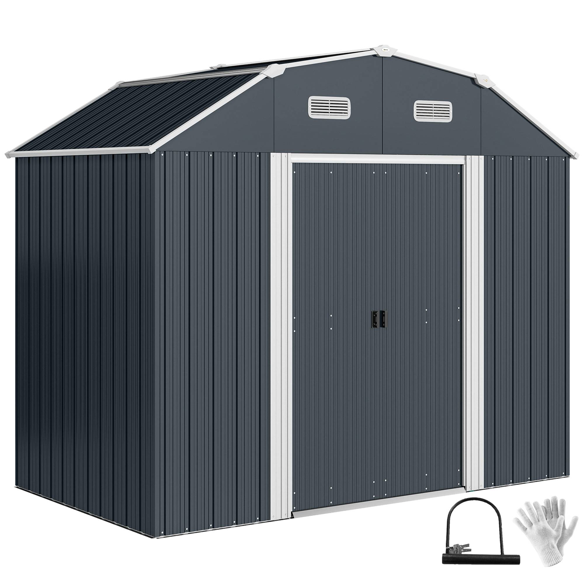 Abri jardin outillage résistant intempéries 2 fenêtres 2 portes 238x132x198,5cm gris foncé - Image 1