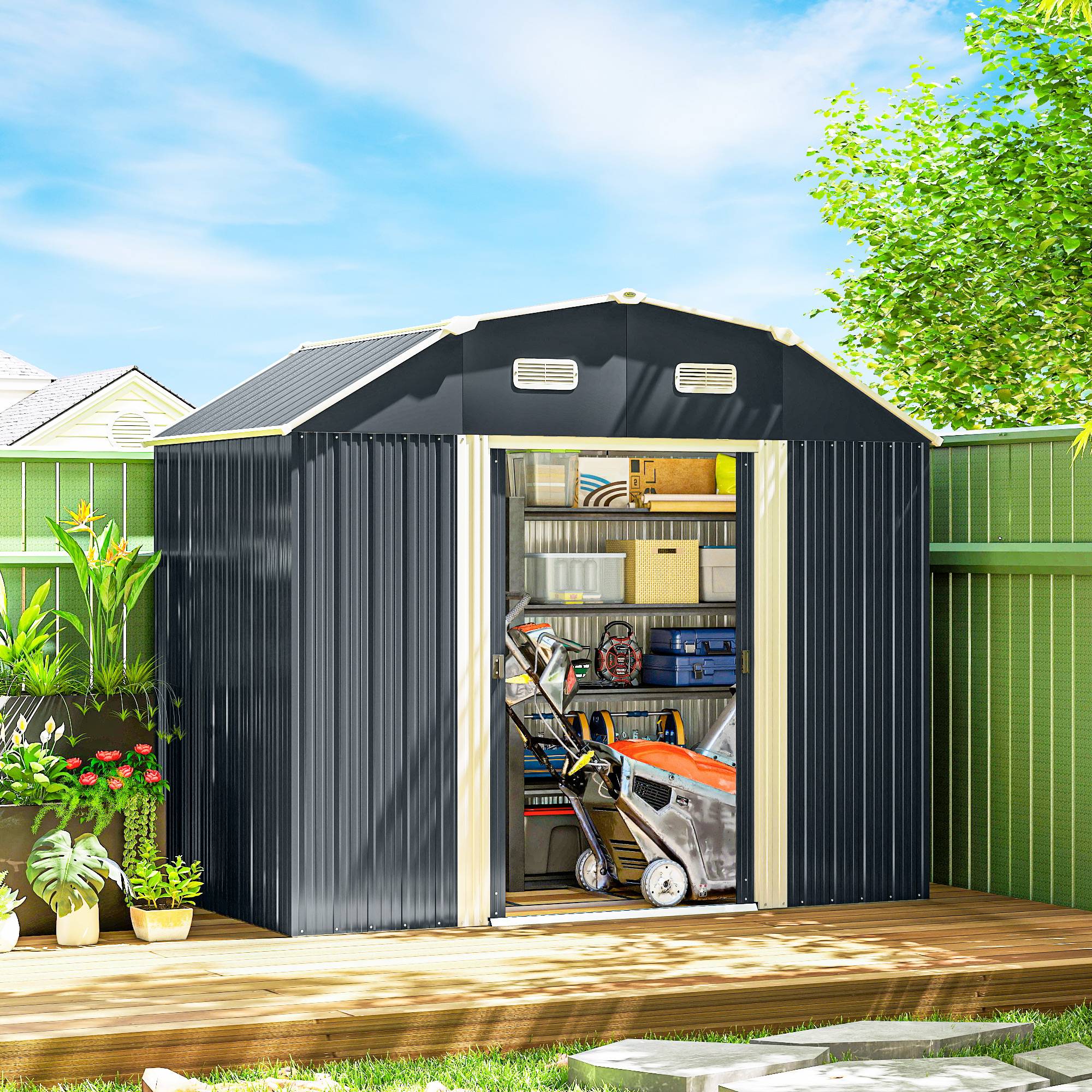 Abri jardin outillage résistant intempéries 2 fenêtres 2 portes 238x132x198,5cm gris foncé - Image 4