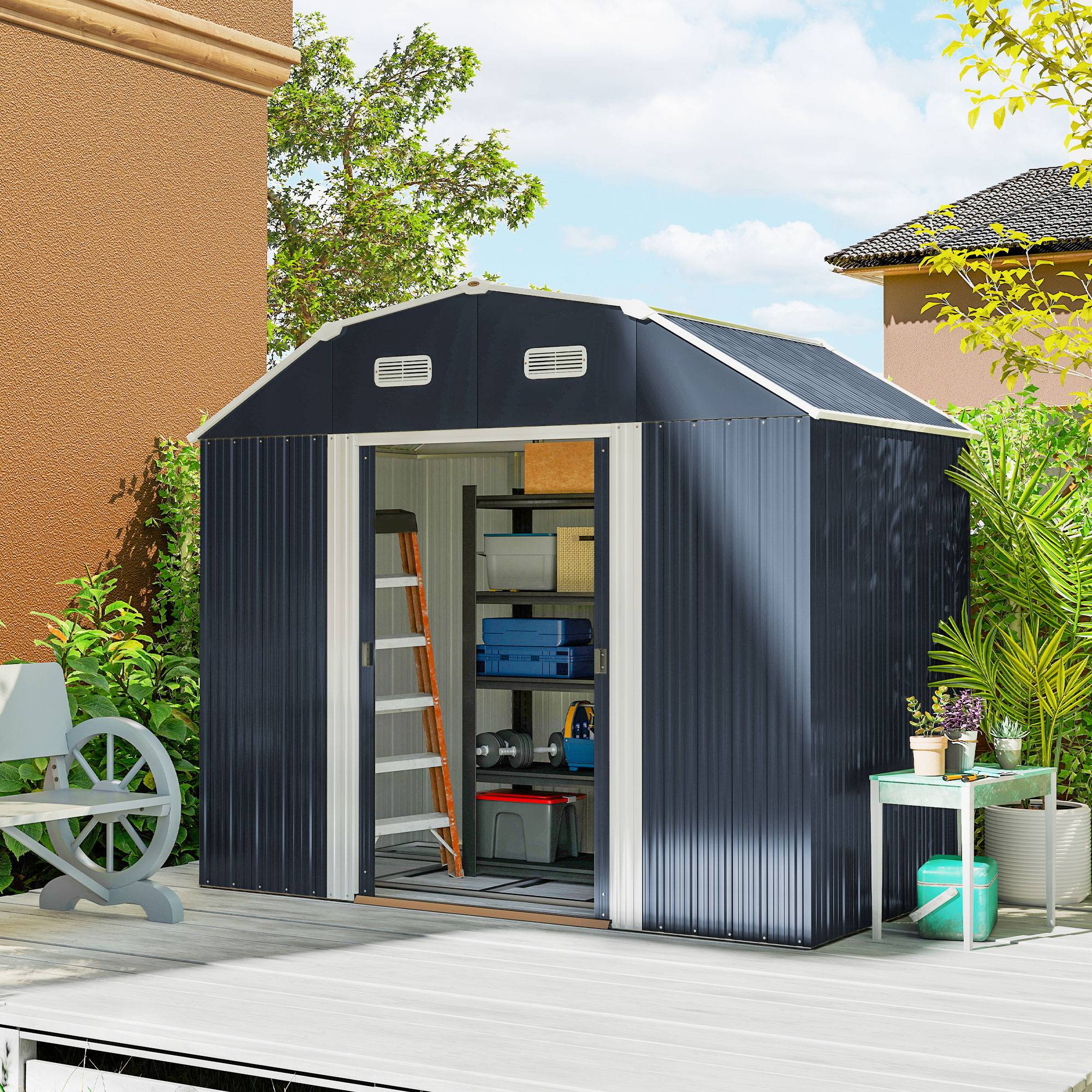 Abri jardin outillage résistant intempéries 2 fenêtres 2 portes 238x132x198,5cm gris foncé - Image 3