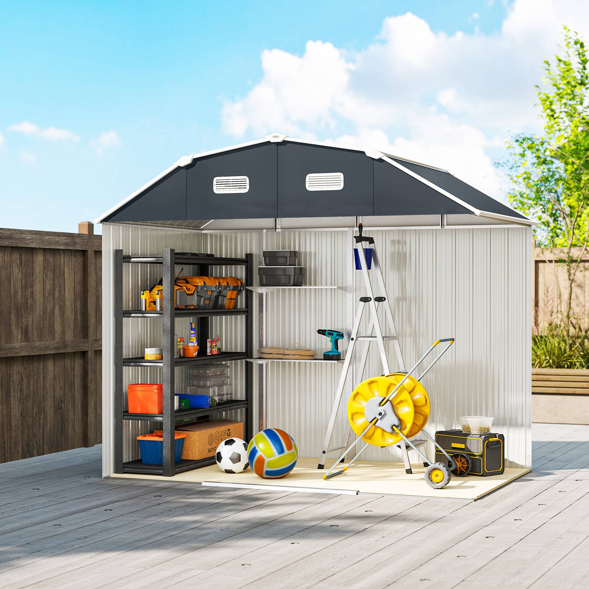 Abri jardin outillage résistant intempéries 2 fenêtres 2 portes 238x132x198,5cm gris foncé - Image 10
