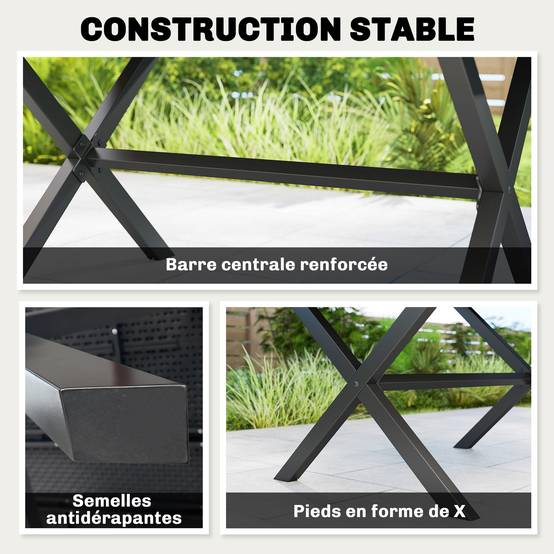 Table de jardin rectangulaire pour 4 à 6 personnes, table à manger extérieure Plateau effet bois 150 x 90 x 74 cm, Noir - Image 8