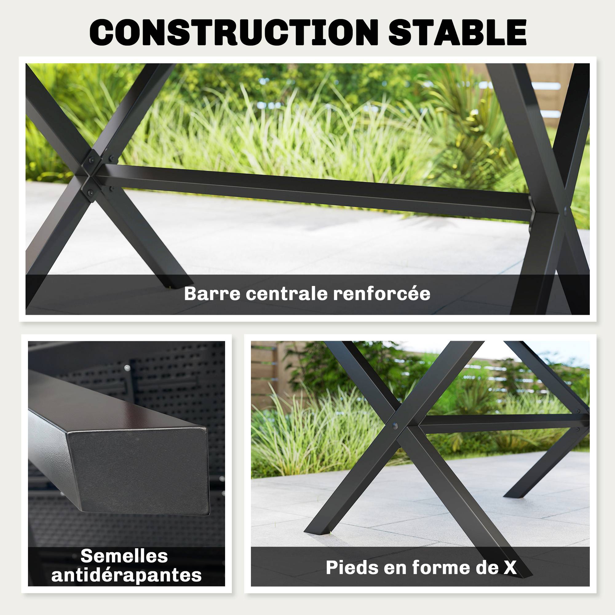Table de jardin rectangulaire pour 4 à 6 personnes, table à manger extérieure Plateau effet bois 150 x 90 x 74 cm, Noir - Image 8
