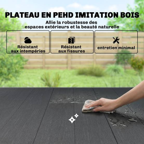 Table de jardin rectangulaire pour 4 à 6 personnes, table à manger extérieure Plateau effet bois 150 x 90 x 74 cm, Noir - Image 7