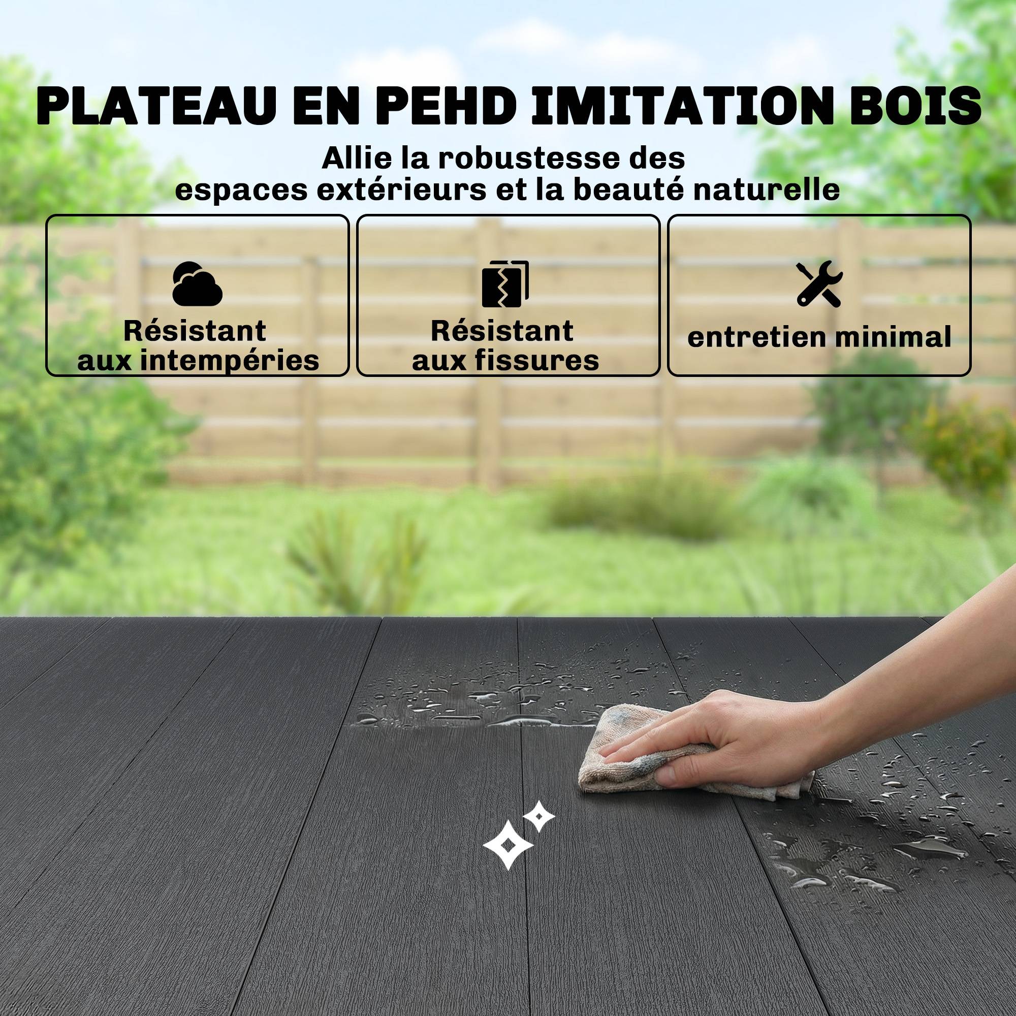 Table de jardin rectangulaire pour 4 à 6 personnes, table à manger extérieure Plateau effet bois 150 x 90 x 74 cm, Noir - Image 7