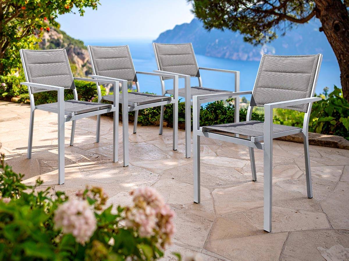 Lot de 4 Fauteuils de jardin en aluminium et textilène matelassé gris, empilable, Ibiza Perle - Jardiline - Imagen 2