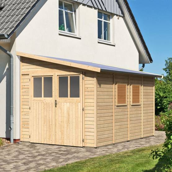 Abri de jardin adossé 8,27m² en épicéa massif 19mm Bomlitz 4 marron avec embase Karibu - Image 2