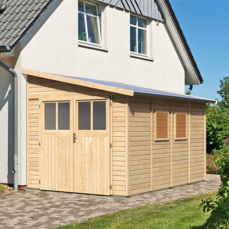 Abri de jardin adossé 8,27m² en épicéa massif 19mm Bomlitz 4 marron avec embase Karibu - Image 2