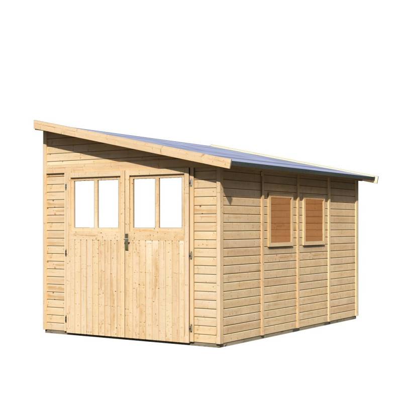 Abri de jardin adossé 8,27m² en épicéa massif 19mm Bomlitz 4 marron avec embase Karibu - Image 4